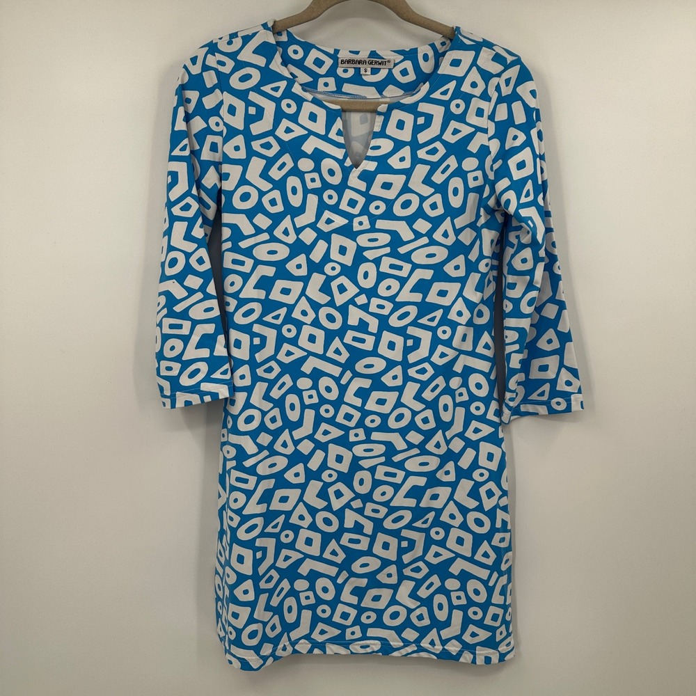 Barbara Gerwit Blue White Geometric Notch Neck Tunic Top Side Slits Small Groovy